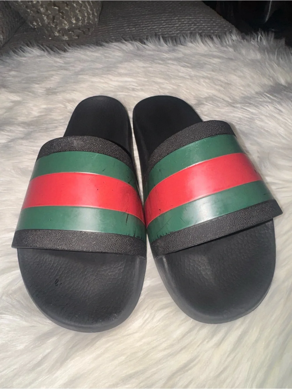 Gucci Black Slides with Green and Red Stripes